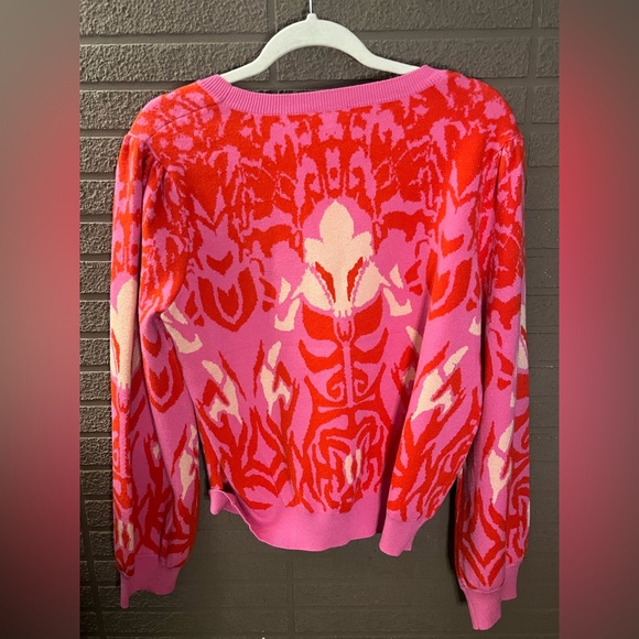 VOY Pink Red Abstract Pattern Knit Sweater Size L Puff Sleeve - Picture 3 of 4
